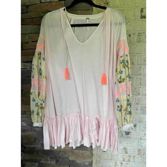 Free People Balloon Sleeve Pink Top-Size Small - Picture 1 of 6